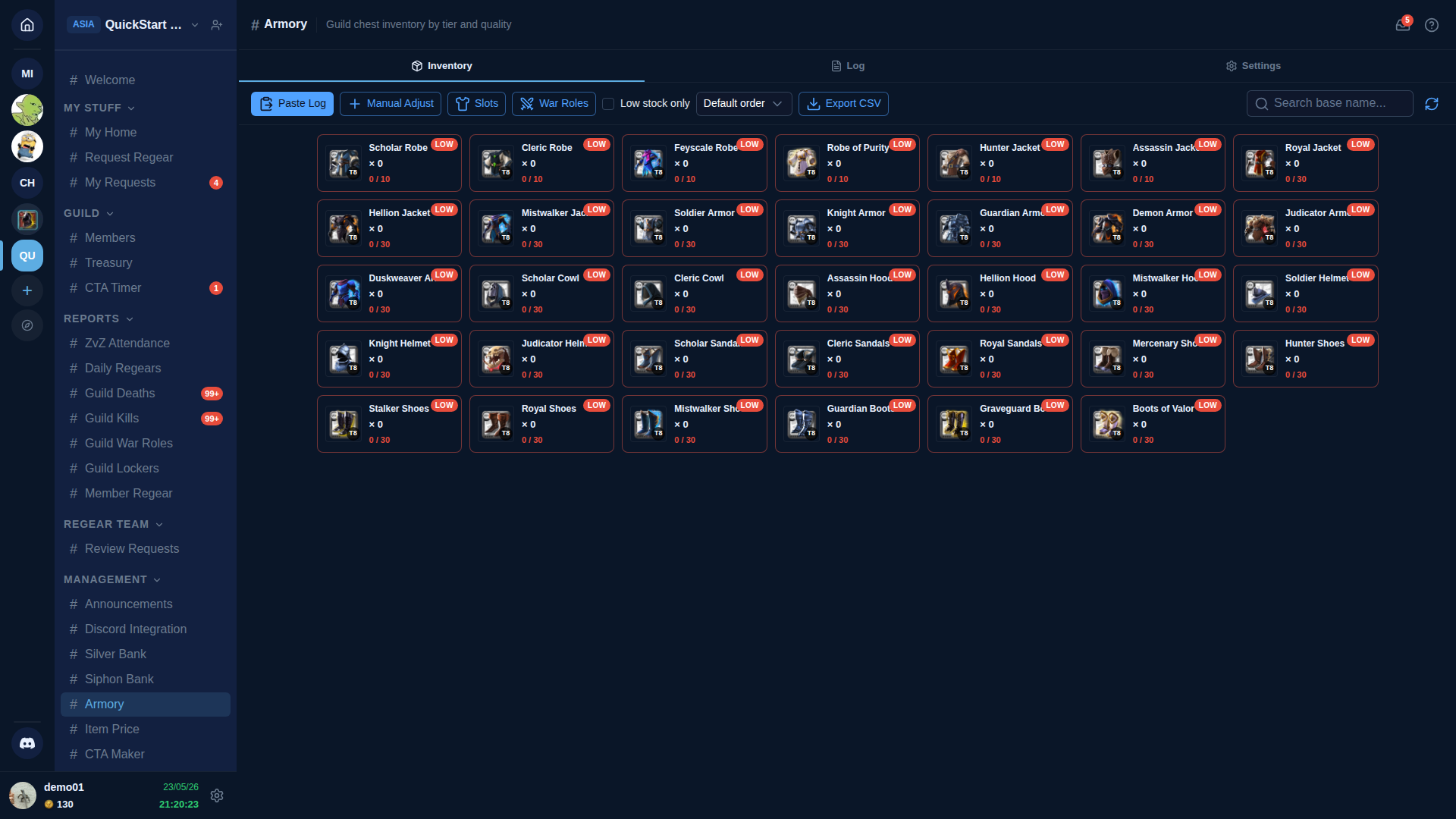 Armory tab — header "# Armory — Guild chest inventory by tier and enchant", 3 tabs (Inventory active / Log / Settings), toolbar with Paste Log + Add + Remove + "Low stock only" checkbox + Export CSV + Search input. Below: a grid of item cards (~24 visible) with item images, names, tier/enchant labels, and counts — items include Scholar Robe, Cleric Hood, Mistcaller, Hunter Jacket, Assassin Jacket, Mage Cowl, Knight Helmet, Mercenary Jacket, Duskweaver Armor, Scholar Cowl, Cleric Cowl, Graveguard Boots, Hellion Hood, Royal Sandals, Wanderer Boots, Hunter Hood, Knight Boots, Guardian Boots, Graveguard Armor, Sentinel Boots, Death of War