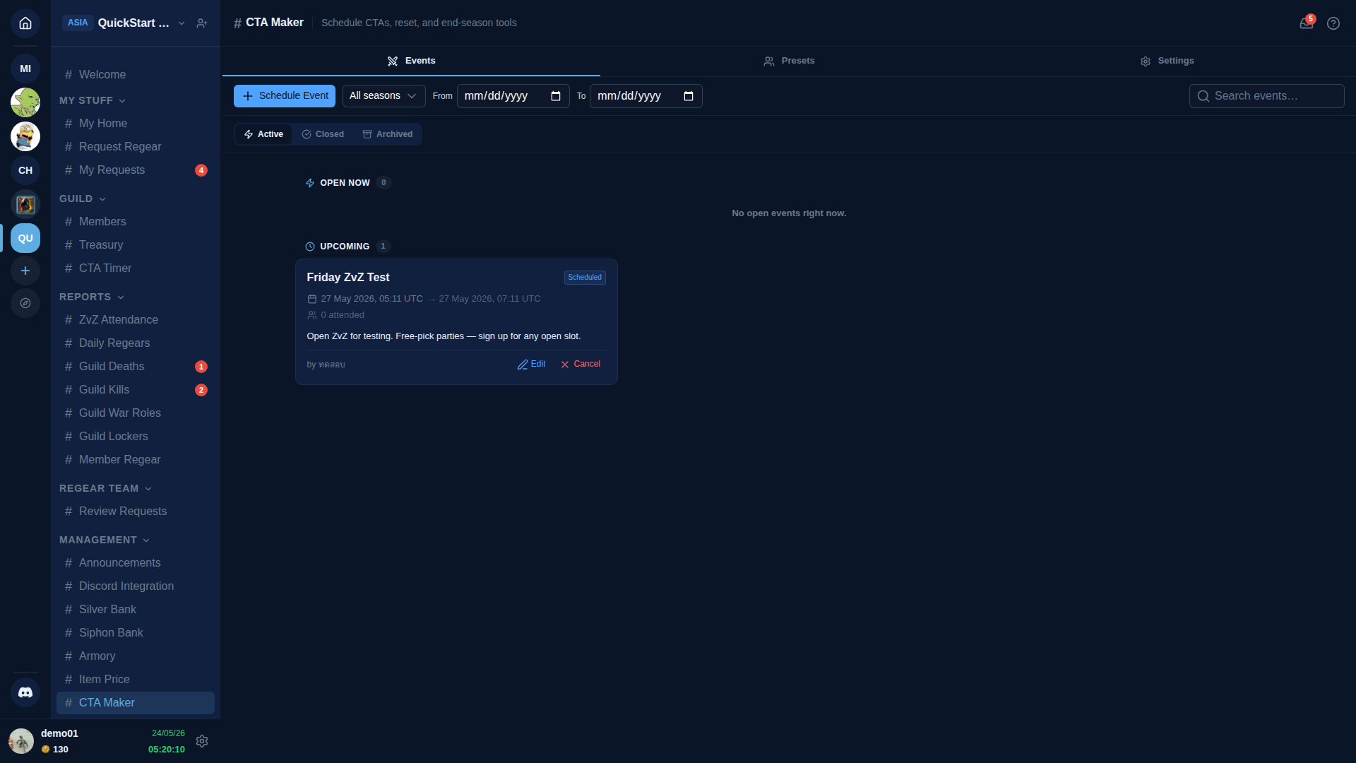#CTA Maker with 3 tabs (Events active / Presets / Settings). Toolbar above the event list: + Schedule Event button, All seasons dropdown, From/To date pickers, Search. Active pill selected (vs Closed / Archived). OPEN NOW (0) shows "No open events right now." UPCOMING (1) has a "Friday ZvZ Test" event card with a Scheduled pill, 27 May 2026 05:11 UTC → 27 May 2026 07:11 UTC, 0 attended, description "Open ZvZ for testing. Free-pick parties — sign up for any open slot." with Edit + Cancel actions on the card footer.
