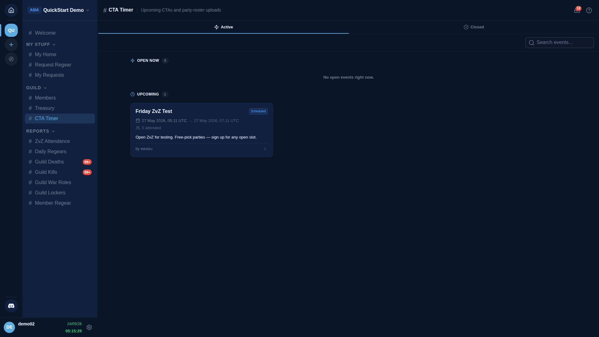 #CTA Timer in the Active tab. Two sections: OPEN NOW (0) with "No open events right now." and UPCOMING (1) with a single event card "Friday ZvZ Test" — Scheduled badge, 27 May 2026 05:11 UTC → 27 May 2026 07:11 UTC, 0 attended, description "Open ZvZ for testing. Free-pick parties — sign up for any open slot." and "by ทดสอบ" at the bottom.