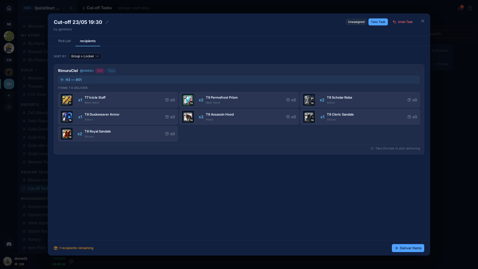 Recipients tab — RimuruCiel with DPS + Tank role chips, locker H3 #01, items to deliver: T7 Icicle Staff, T8 Duskweaver Armor, T8 Royal Sandals, T8 Scholar Robe, T8 Assassin Hood, T8 Cleric Sandals. Sort by: Group > Locker. Empty take-task hint at bottom right