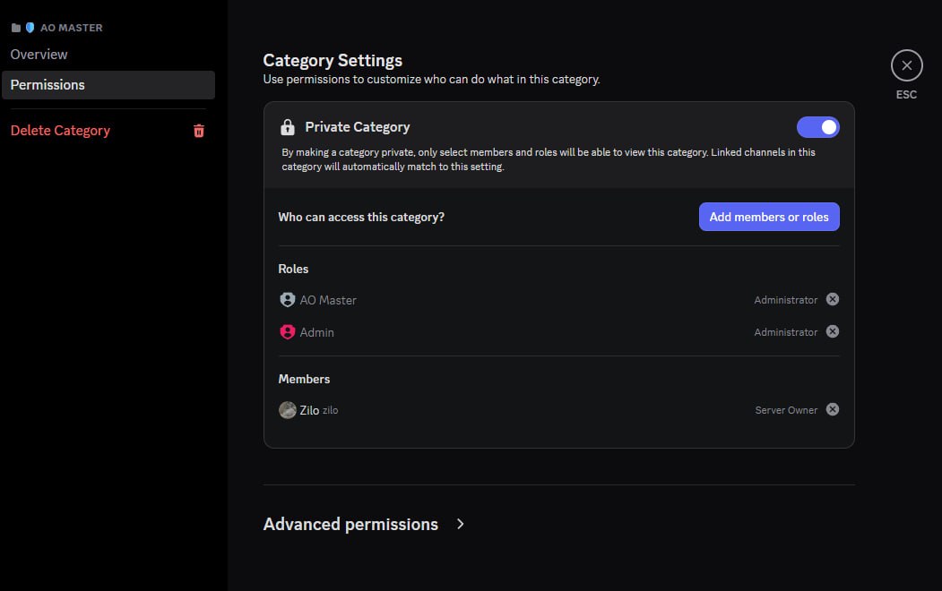Discord Category Settings → Permissions for the 🛡 AO Master category. "Private Category" toggle is ON (blue), with a description "By making a category private, only select members and roles will be able to view this category. Linked channels in this category will automatically match to this setting." A "Who can access this category?" section lists two roles (🔵 AO Master with Administrator badge, 🔴 Admin with Administrator badge) and one member (Zilo, marked Server Owner). An "Advanced permissions" link is visible at the bottom.