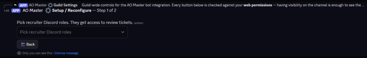 Discord ephemeral message titled "⚙ Setup / Reconfigure — Step 1 of 2". Body: "Pick recruiter Discord roles. They get access to review tickets." A "Pick recruiter Discord roles" dropdown (collapsed) sits below the body, with a 🔙 Back button underneath.