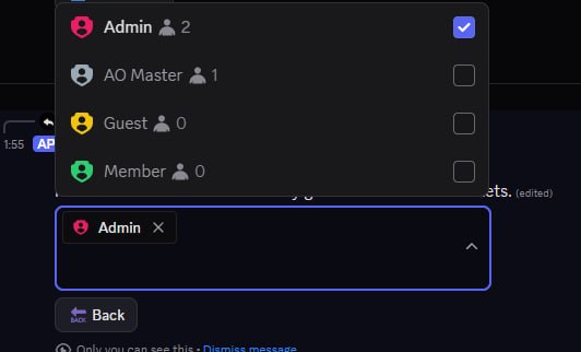 Same Step 1 screen with the role dropdown now open. Four rows visible: Admin (2 members) — checked, AO Master (1 member), Guest (0 members), Member (0 members). A pill chip below the dropdown shows the selected "Admin ×" role.