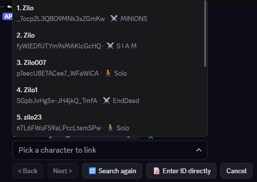 Same Search results view with the "Pick a character to link" dropdown now open. Five rows visible: the same first five candidates listed earlier — Zilo (MINIONS), Zilo (S I A M), Zilo007 (Solo), Zilo1 (EndDead), zilo23 (Solo). Dropdown shows an upward chevron and the scrollbar indicates more entries below.