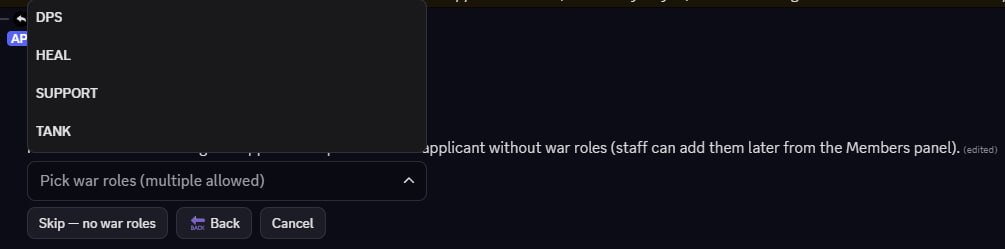 Step 4 with the dropdown open showing four options: DPS, HEAL, SUPPORT, TANK.
