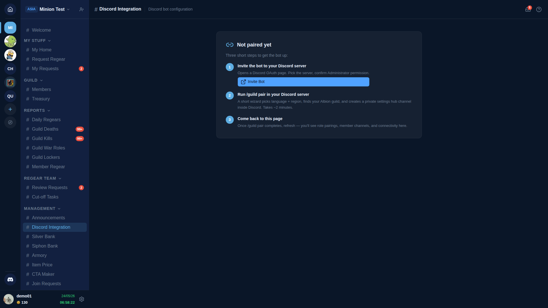 AO Master web — Minion Test guild, Discord Integration channel selected in the sidebar under MANAGEMENT. Main panel shows a centered "Not paired yet" card with three numbered steps: (1) Invite the bot to your Discord server with a blue Invite Bot button, (2) Run /guild pair in your Discord server with a hint about the short wizard creating a settings channel, (3) Come back to this page to see role pairings + member channels.