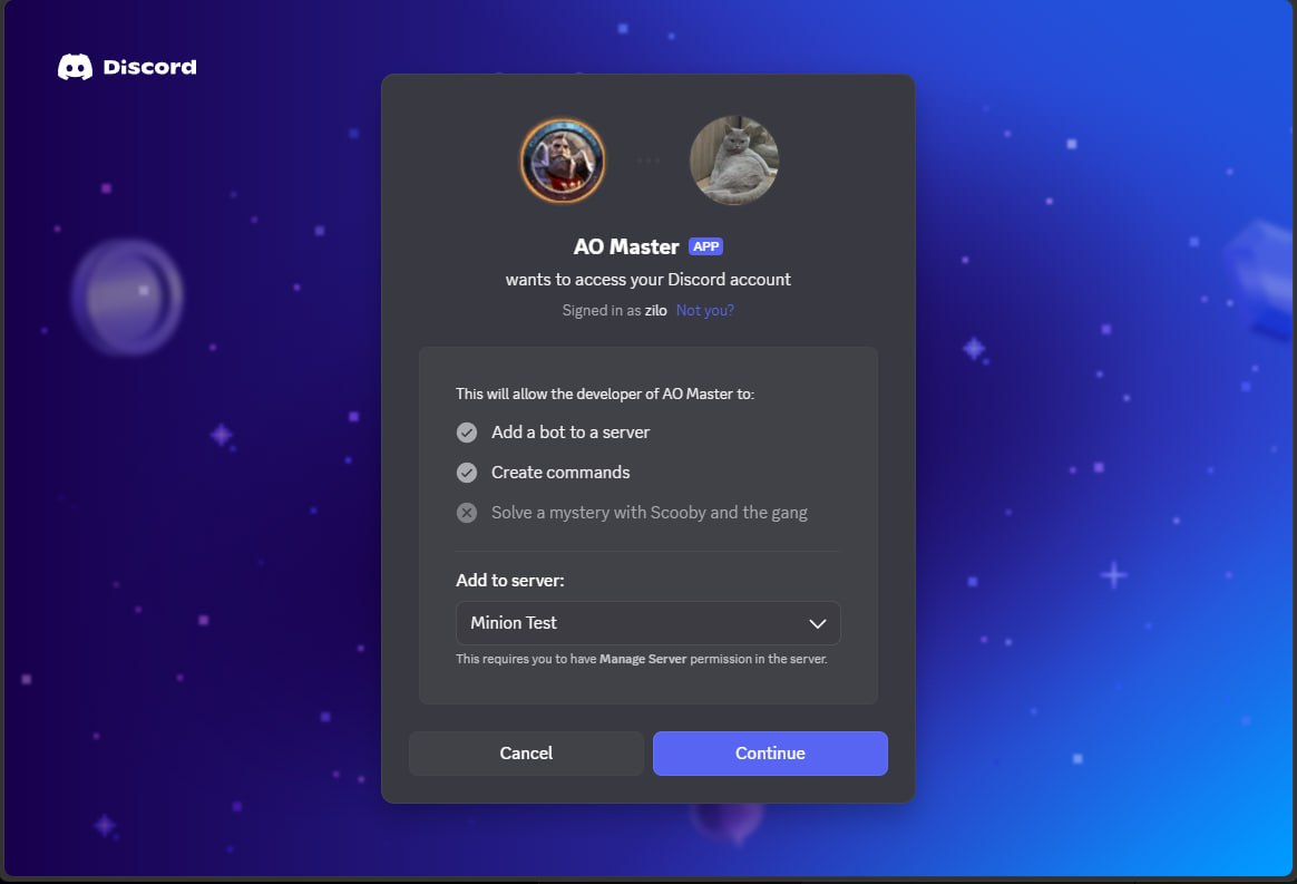 Discord authorization page. Card in the centre shows the AO Master app icon next to a user's Discord avatar, headline "AO Master wants to access your Discord account", a "Signed in as zilo · Not you?" line, three permission rows (✓ Add a bot to a server, ✓ Create commands, ✗ Solve a mystery with Scooby and the gang), a Server dropdown set to "Minion Test", a note "This requires you to have Manage Server permission in the server", and Cancel + Continue buttons at the bottom.