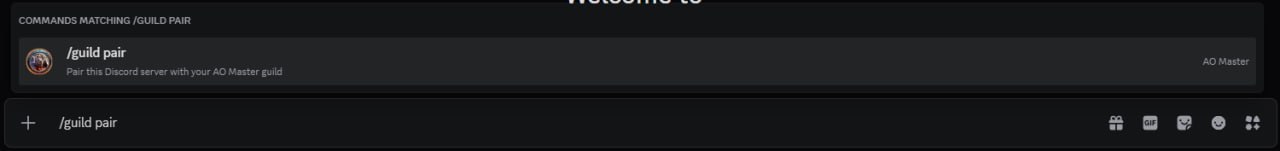 Discord message composer with "/guild pair" typed. A "COMMANDS MATCHING /GUILD PAIR" dropdown floats above the composer with a single entry: AO Master bot icon, "/guild pair" command name, "Pair this Discord server with your AO Master guild" description, and an "AO Master" tag on the right.