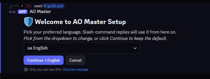 Bot wizard reply (private). Header "🛡 Welcome to AO Master Setup". Body: "Pick your preferred language. Slash-command replies will use it from here on. Pick from the dropdown to change, or click Continue to keep the default." A dropdown shows "🇬🇧 English" (collapsed). Buttons: Continue → English (purple) + Cancel.