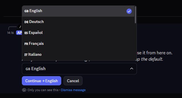 Same wizard, dropdown expanded. Top 5 entries visible: 🇬🇧 English (checked), 🇩🇪 Deutsch, 🇪🇸 Español, 🇫🇷 Français, 🇮🇹 Italiano. A scroll bar on the right shows more languages below.