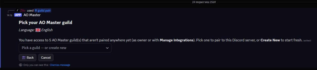 Bot wizard reply. Header "Pick your AO Master guild". Subline "Language: 🇬🇧 English". Body: "You have access to 5 AO Master guild(s) that aren't paired anywhere yet (as owner or with Manage Integrations). Pick one to pair to this Discord server, or Create New to start fresh." A dropdown labeled "Pick a guild — or create new". Buttons: 🔙 Back + Cancel.