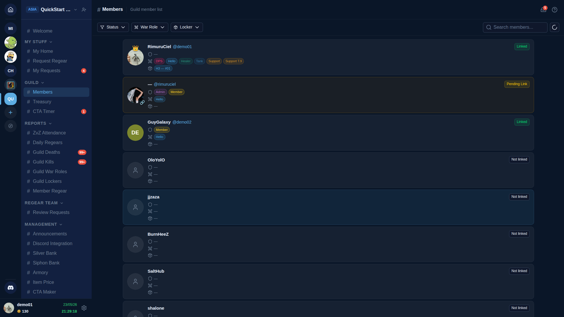 Members page — header "# Members — Guild member list", toolbar with Status + War Role + Locker filter dropdowns + Search input. Below: vertical list of member cards. Top cards show RimuruCiel (demo01, Linked, crown icon, DPS+Hello+Healer+Tank+Support+Support T.9 war role chips, H3—#01 locker). Below: @rimuruciel (Pending Link, Admin role + Hello war role chip). GuyGalaxy (demo02, Linked, Member role + Hello war role). Then several Not linked rows: OloYolO, jjzaza, BurnHeeZ, SaltHub, shalone