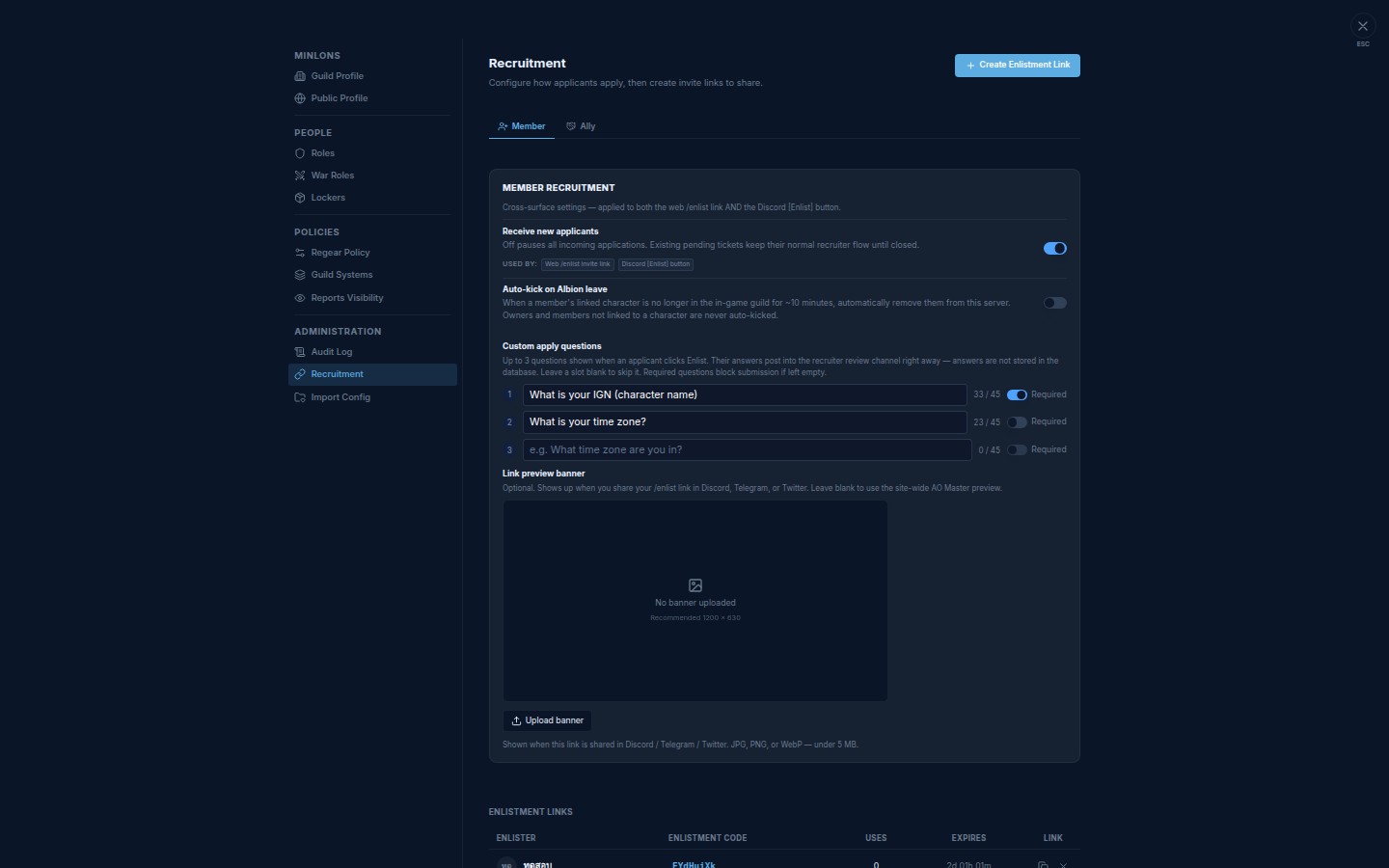 Settings → Recruitment → Member tab, showing the Auto-kick on Albion leave toggle and the Link preview banner upload card