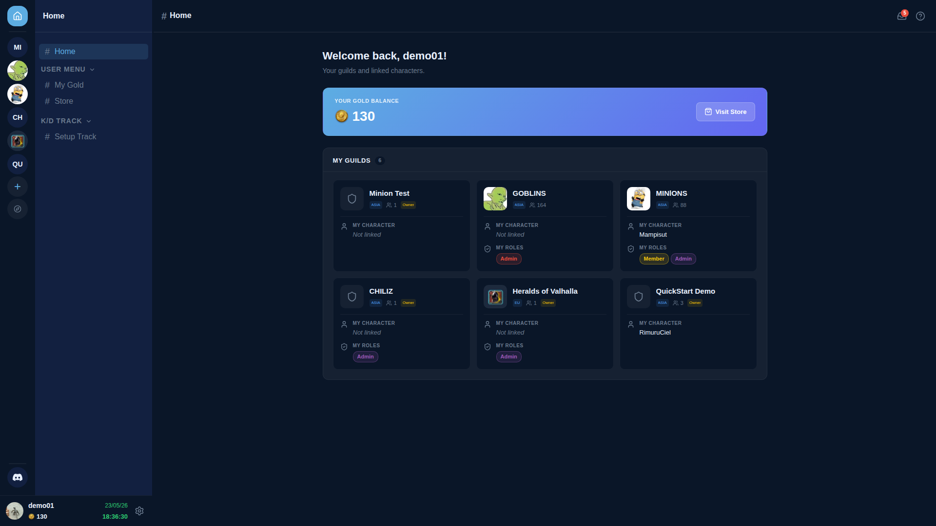 Home dashboard with guild bar and "+" button