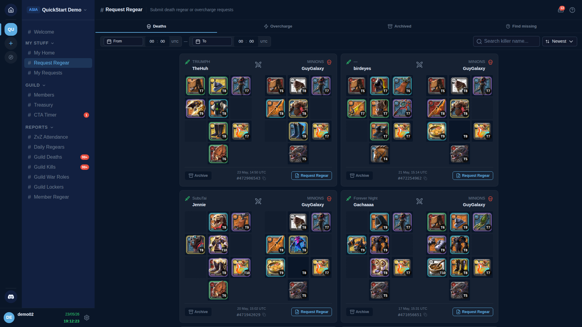 Deaths tab with cards, time-range filter, and Archive / Copy / Request Regear actions per card