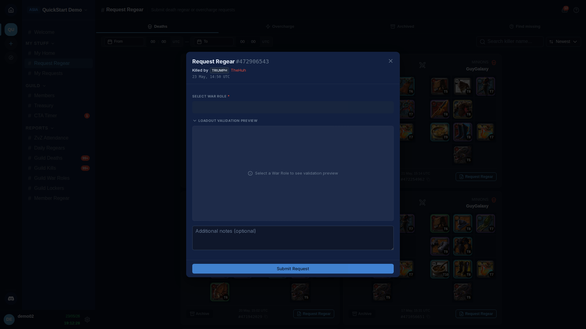 Regear submission overlay — war role picker, 3x4 equipment grid, validation badges