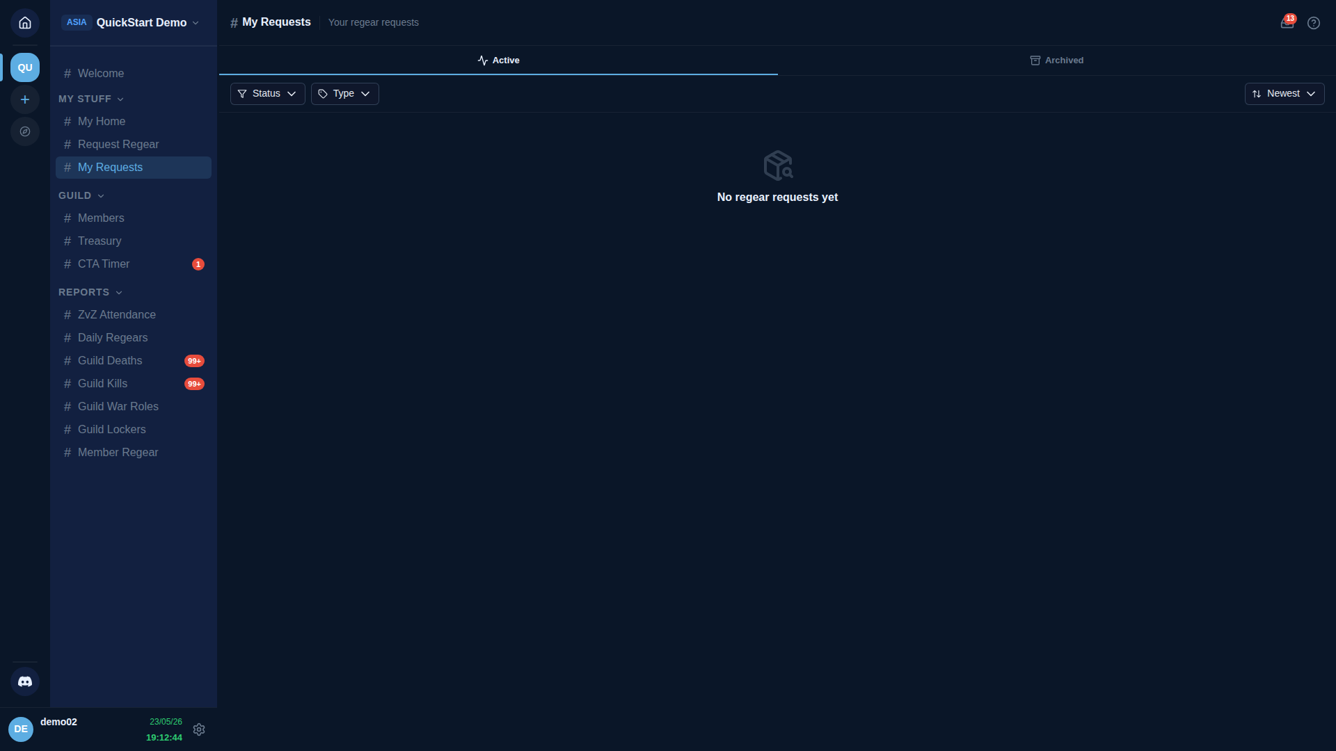 My Requests page — tracks each submitted regear through Submitted → Approved → Cutoff → Prepared → Delivered