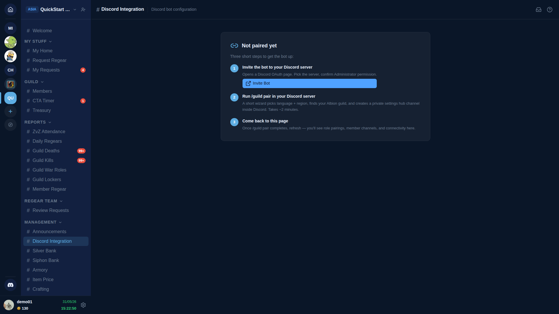 #Discord Integration channel on QuickStart Demo — sidebar on the left with Discord Integration highlighted under MANAGEMENT. Main pane shows the header "# Discord Integration — Discord bot configuration" then a centered "Not paired yet" card with three numbered steps: (1) Invite the bot to your Discord server, with a blue Invite Bot button. (2) Run /guild pair in your Discord server. (3) Come back to this page.