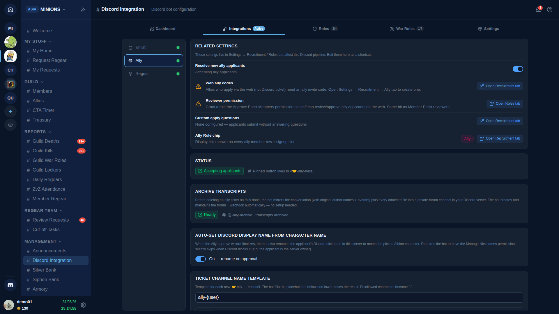 Integrations tab on Minions — vertical sub-nav on the left listing Enlist (green dot), Ally (green dot, selected), Regear (green dot). Right panel shows the Ally sub-page starting with the Related settings card (Receive new ally applicants, Web ally codes, Reviewer permission, Custom apply questions, Ally Role chip), then a Status card.