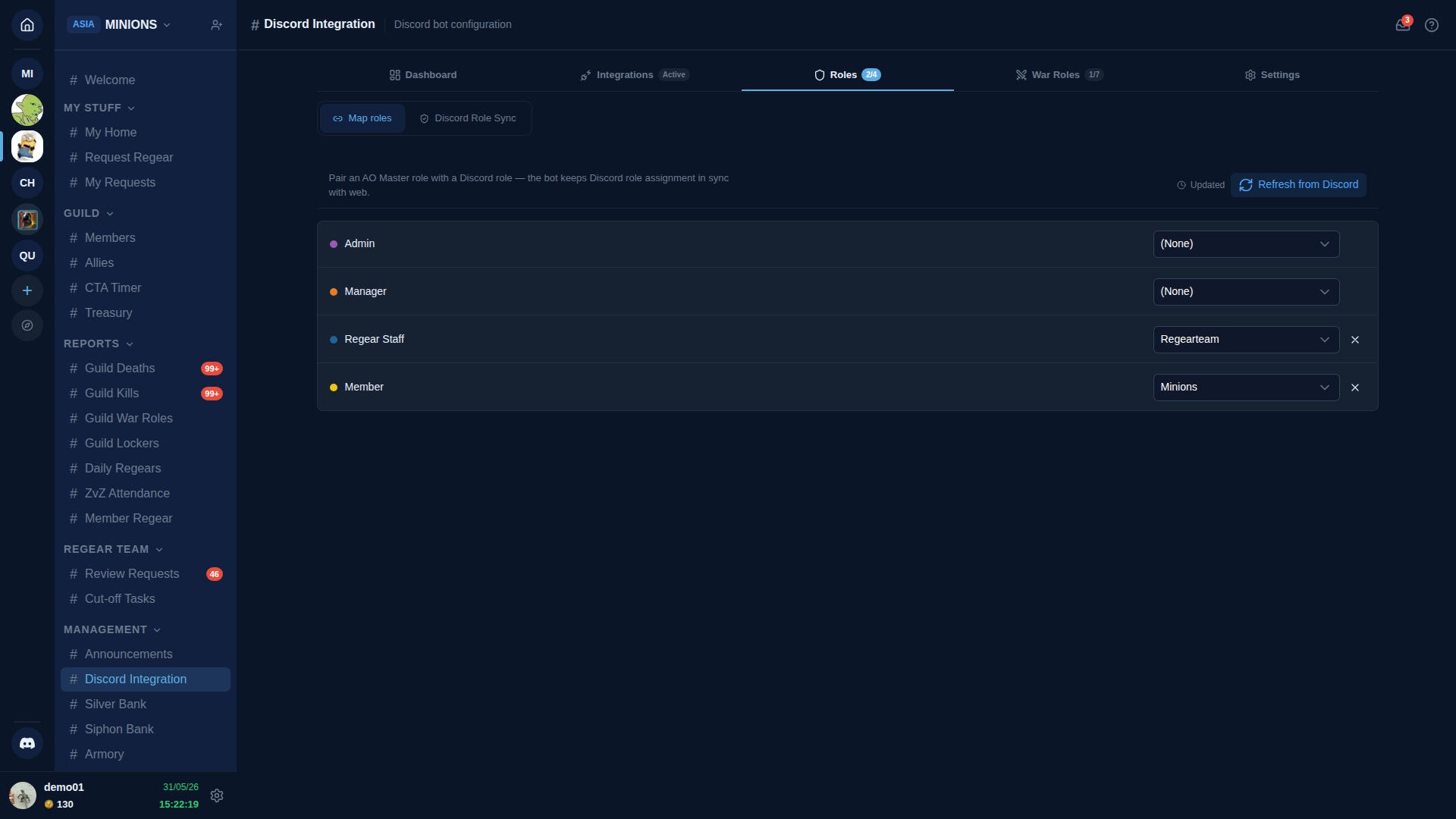 Roles tab — toolbar at top with hint "Pair an AO Master role with a Discord role…" and a Refresh from Discord button on the right. Below: list of mapping rows, one per AO Master role (Admin, Manager, Regear Staff, Member), each with a colored dot, the role name, and a Discord-role dropdown on the right.