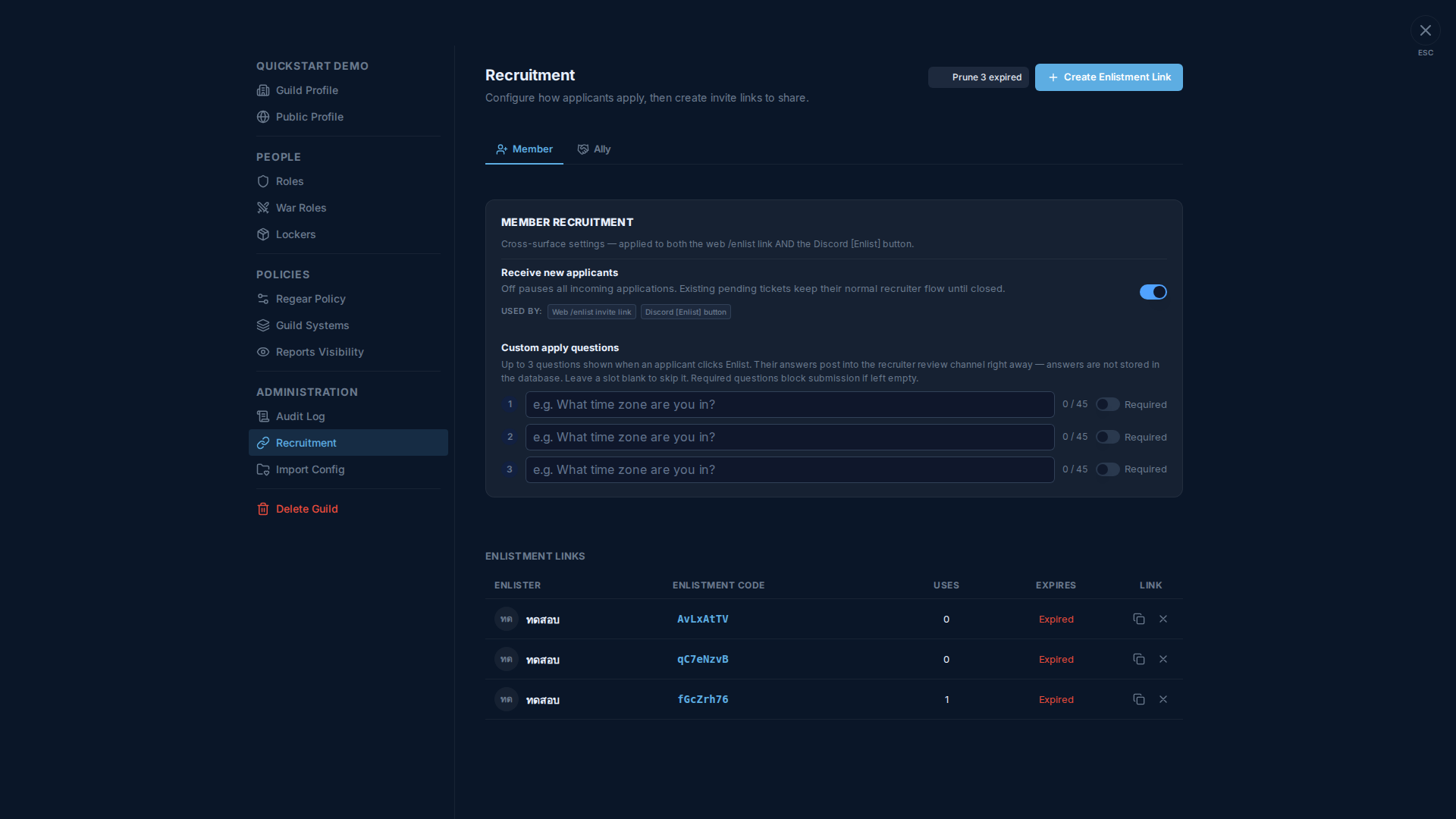 Recruitment tab in the Settings modal, Member outer tab — Settings nav on the left (Guild Profile / Public Profile / PEOPLE: Roles / War Roles / Lockers / POLICIES: Regear Policy / Guild Systems / Reports Visibility / ADMINISTRATION: Audit Log / Recruitment highlighted / Import Config / Delete Guild). Right pane: "Recruitment" heading + "Configure how applicants apply, then create invite links to share." sub. Below: outer tabs Member (selected) / Ally, then MEMBER RECRUITMENT card with Receive new applicants toggle (on) + Used by chips (Web /enlist invite link, Discord [Enlist] button), Custom apply questions with 3 slot inputs (empty), then ENLISTMENT LINKS table with 3 expired rows.