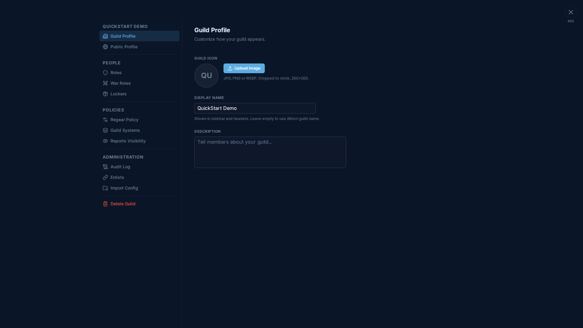 Guild Profile tab — Settings modal with Guild Profile highlighted at the top of the nav, right pane shows "Guild Profile" heading + "Customize how your guild appears." sub, then three fields: GUILD ICON (circular "QU" placeholder + Upload Image button, "JPG, PNG or WEBP. Cropped to circle, 200×200."), DISPLAY NAME (text input "QuickStart Demo" + hint "Shown in sidebar and headers. Leave empty to use Albion guild name."), DESCRIPTION (textarea with "Tell members about your guild..." placeholder)
