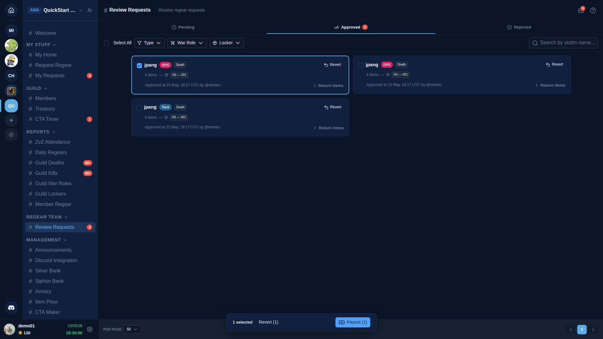 Review Requests Approved tab — 3 approved cards (jpang DPS / DPS / Tank), 1 row selected, bulk bar at the bottom shows "1 selected — Revert (1) — Payout (1)"
